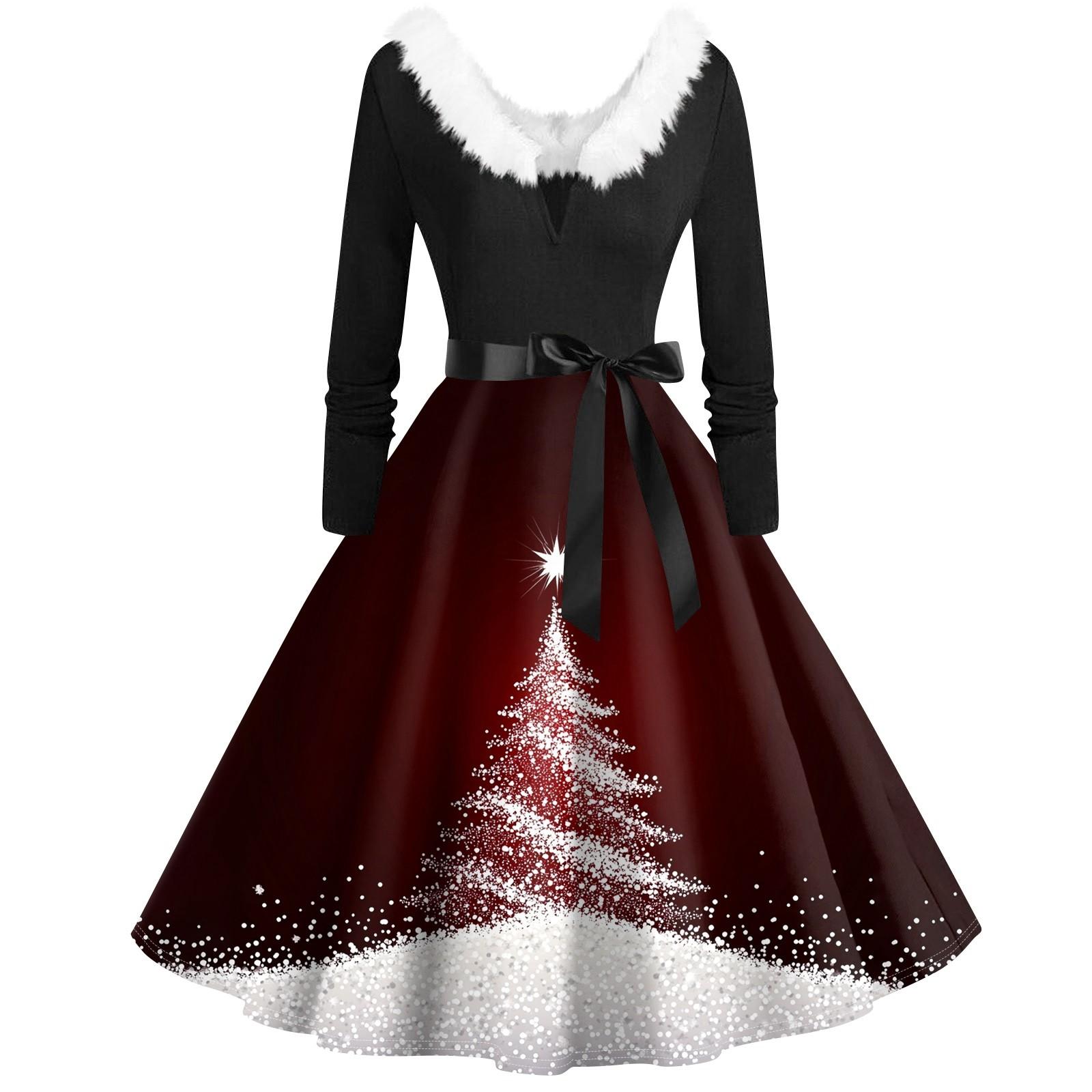 

Женское повседневное и модное платье с длинными рукавами и V-образным вырезом с рождественским принтом на молнии XXXL винный