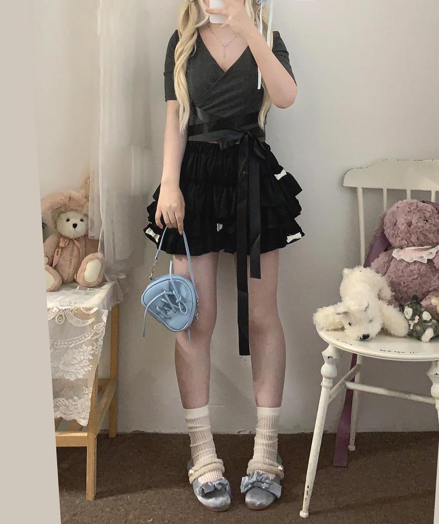 XHSUKADO Tiered Mini Skirt with Inner Ruffles and a Sickly Skirt for and Winter Free Women's 3-Layer Pants, Ribbons, Mass-Produced Style, Cute,