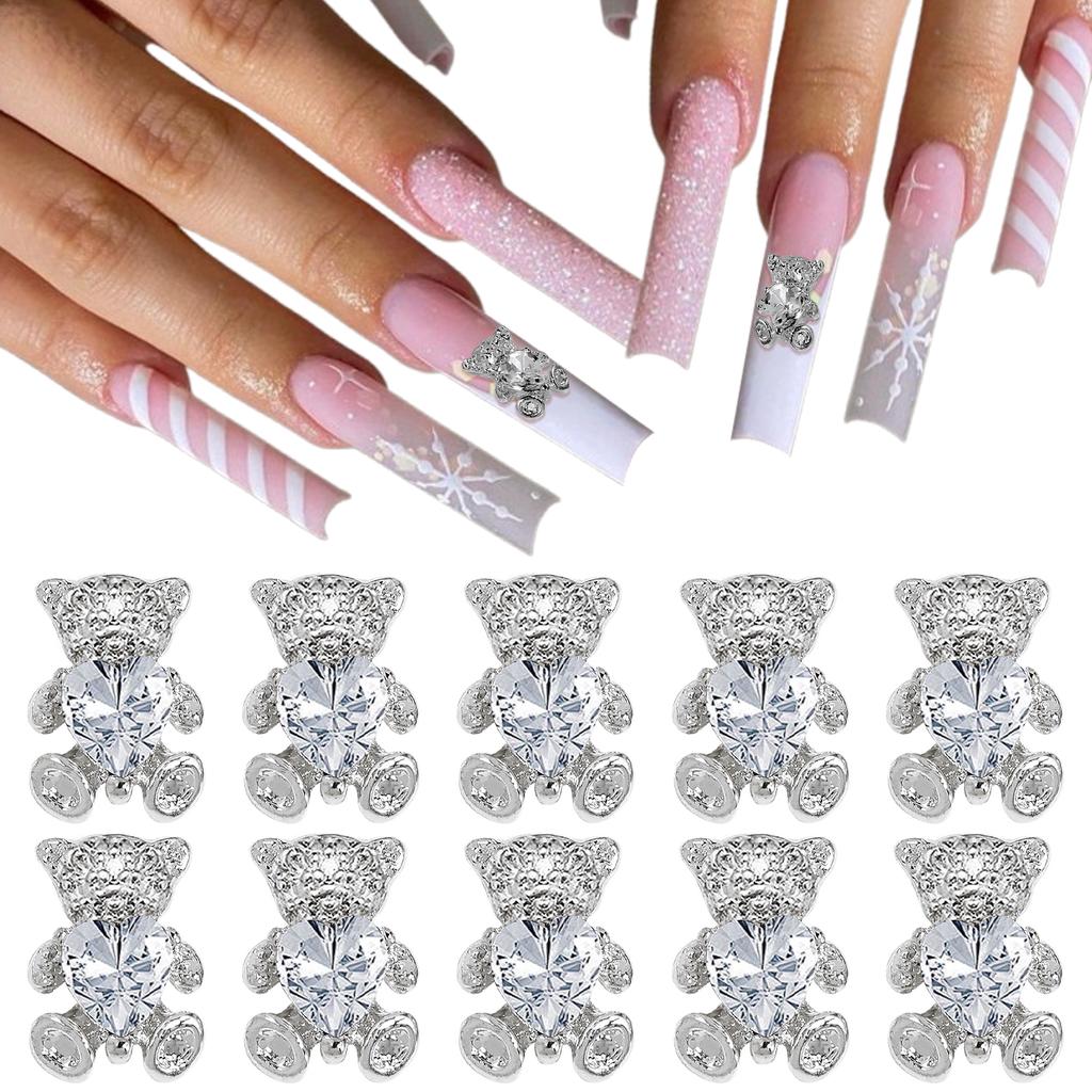 10pcs Bear Shaped Alloy Nail Jewelry Golden Sliver Bears With Pink Gold White Rhinestones Art Decorations Manicure DIY Accessori