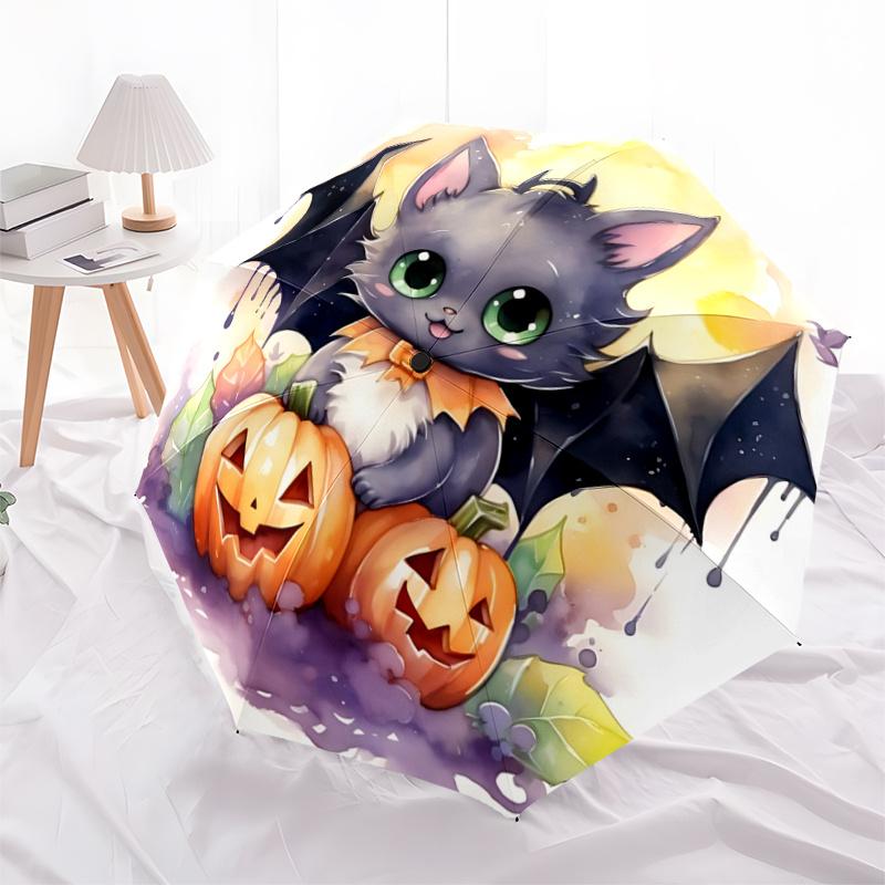 1pc Lovely Halloween Bat Pattern Beautiful Looking Automatic Folding Umbrella, 3 Folding, 8 Pole Frame Design, Durable and Suitable for Travel an