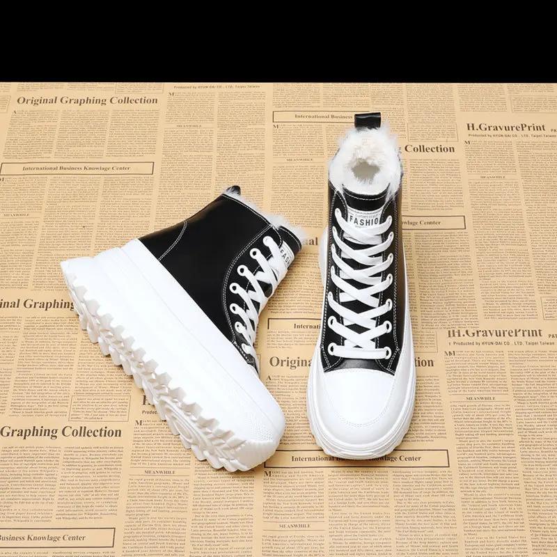 Fashion 7CM Genuine Leather Ankle Boots Casual Chunky Sneakers Winter Plush Boots Spring Autumn Platform Wedge Hidden Heel Women Shoes