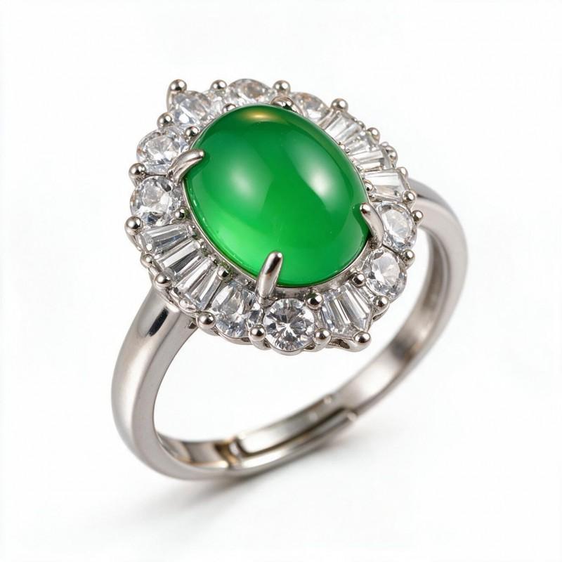 Adjustable Open Ring Women Men Geometric Green Chalcedony Stone Jewelry French Vintage Style