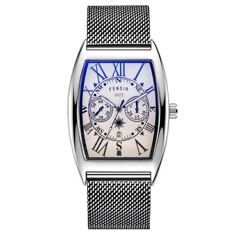 Finish Big Barrel Men's Watch: European & American Style, Leather Strap, Waterproof, Calendar, Casual Office Wear.