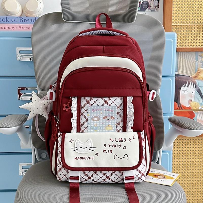 Schoolbag Japanese School Bag Female Cat Letter Plaid Large Capacity Backpack Sweet Versatile Junior High School Girls Light Backpack