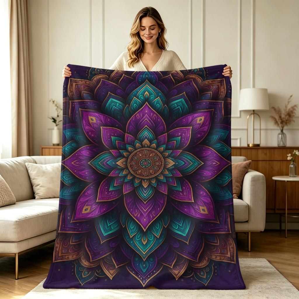 Soft Flannel Throw Blanket with Boho Mandala Floral Print All Season Warm Cozy Lightweight Decorative Blanket for Sofa Couch Bedroom Living Room Offic