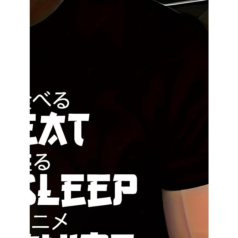 Europäische Größen Herren Sommer Freizeit T-Shirt, Einzigartiger Comic-Stil 3DS Numerischer Druck - „Essen, Schlafen, Anime, Gaming, Wiederholen“ Muster, Rundhals, Kurzarm,
