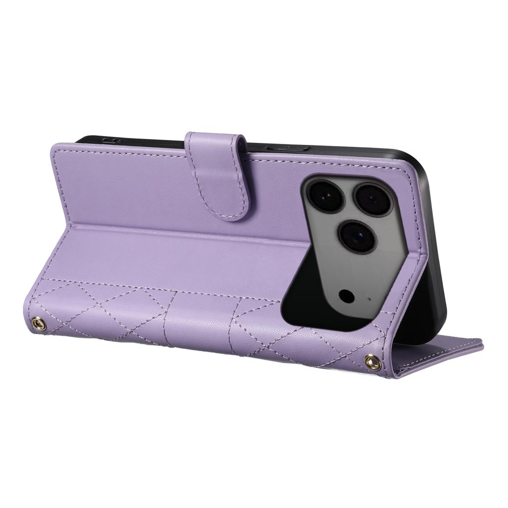 For iPhone 17 Pro Max Case Rhombus Stitching Wallet Stand Leather Phone Cover with Long/Short Strap