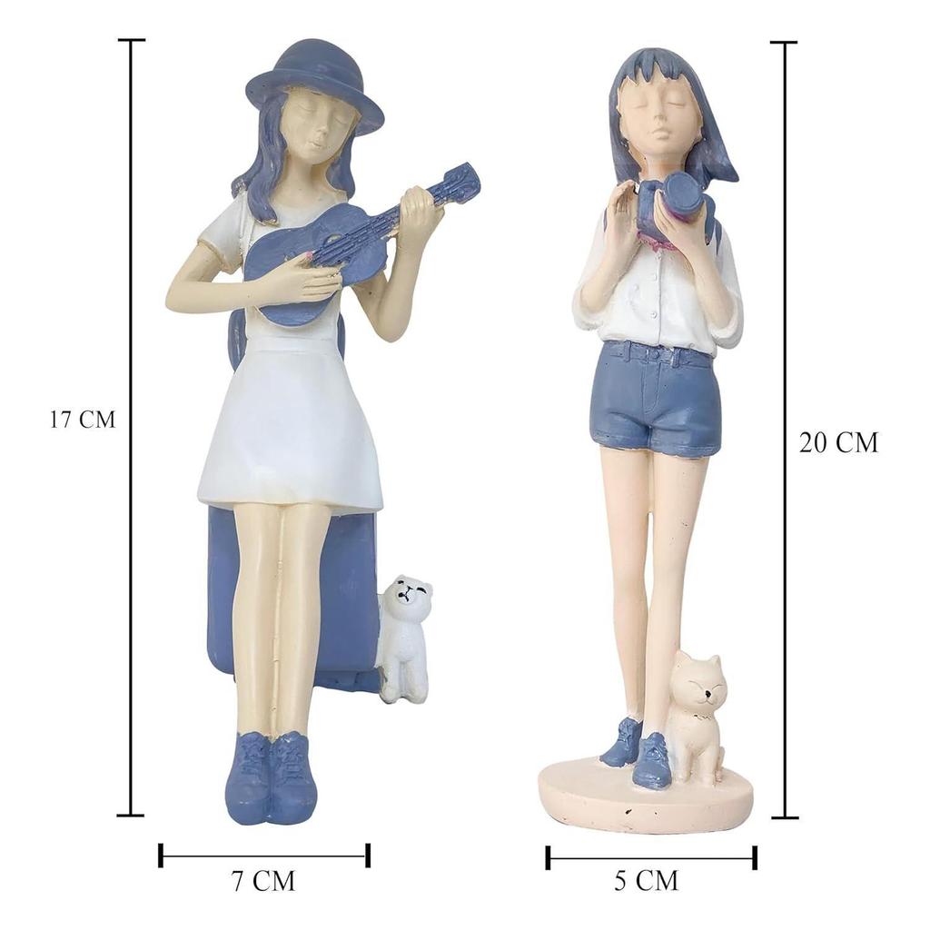 Cute and Elegant Girls Statue for Home Decor | Table Decor (Pack of 2, White & Blue)
