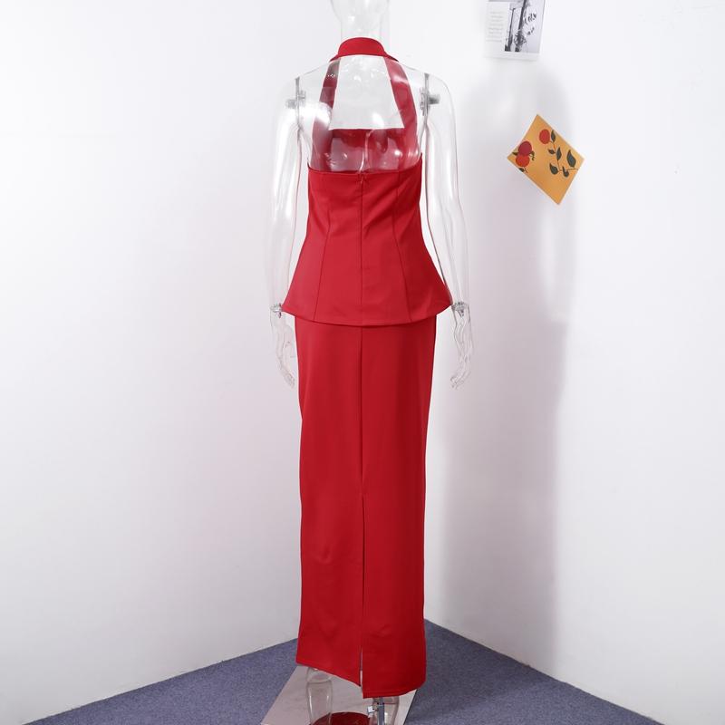 Elegant Halter Top Skirts Set Women Solid Color Backless Sleeveless Crop Tops Split Long Skirt 2025 Spring Summer New Ladies Outfits