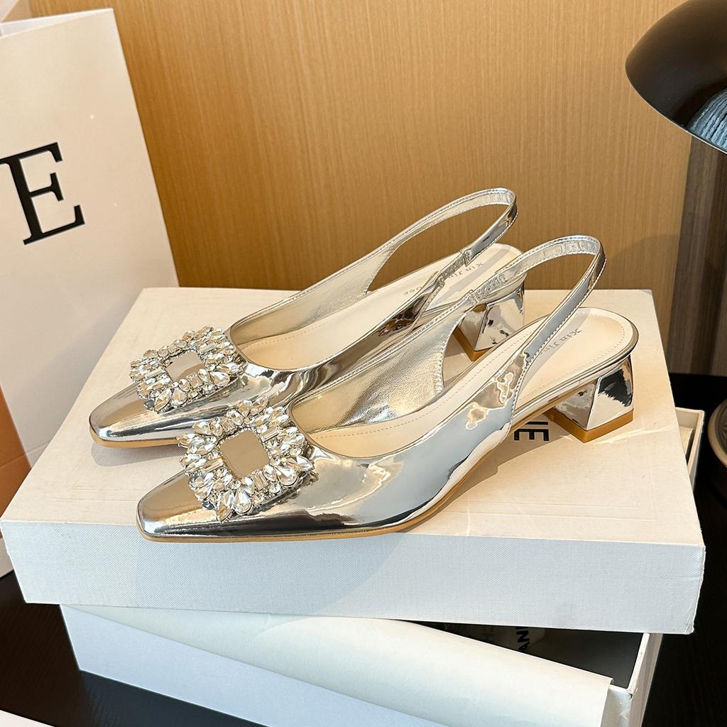 579-3 French thick heel baotou rhinestone single shoes female new fairy wind single shoes square buckle back strap medium heel women's shoes