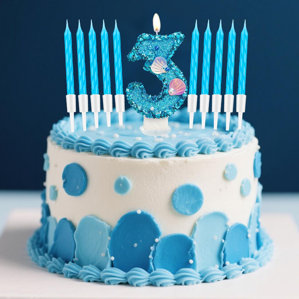 11pcs Blue Number Candle,Shell Sequins Number Candles for Birthday Cakes Mermaid Themed Party Supplies Number 0-9 Candle