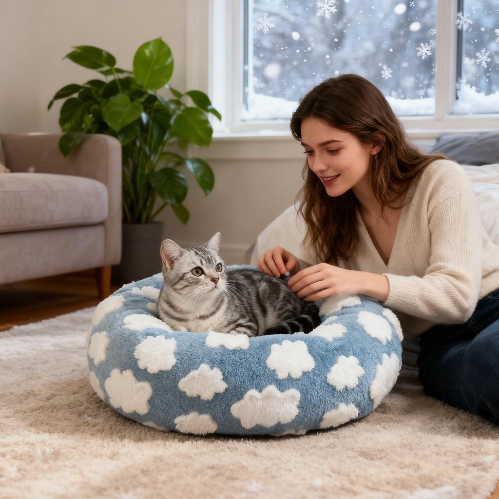 Winter Warm Cat Sleeping Cushion Soft Plush Round Cat Bed Puppy Kitten Plush Nest Pet Supplies for Indoor Home Bedroom