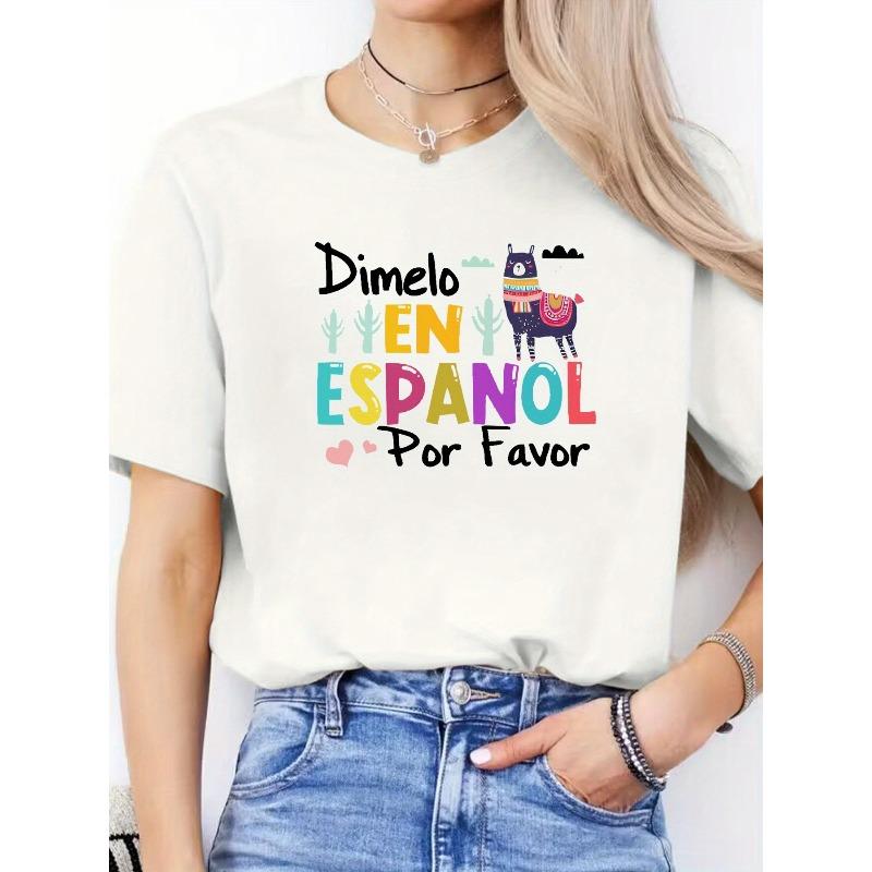 

Women S Round Neck Short Sleeve Sports T-Shirt with Spanish Letter Print for Spring And Summer Casual Wear. S белый