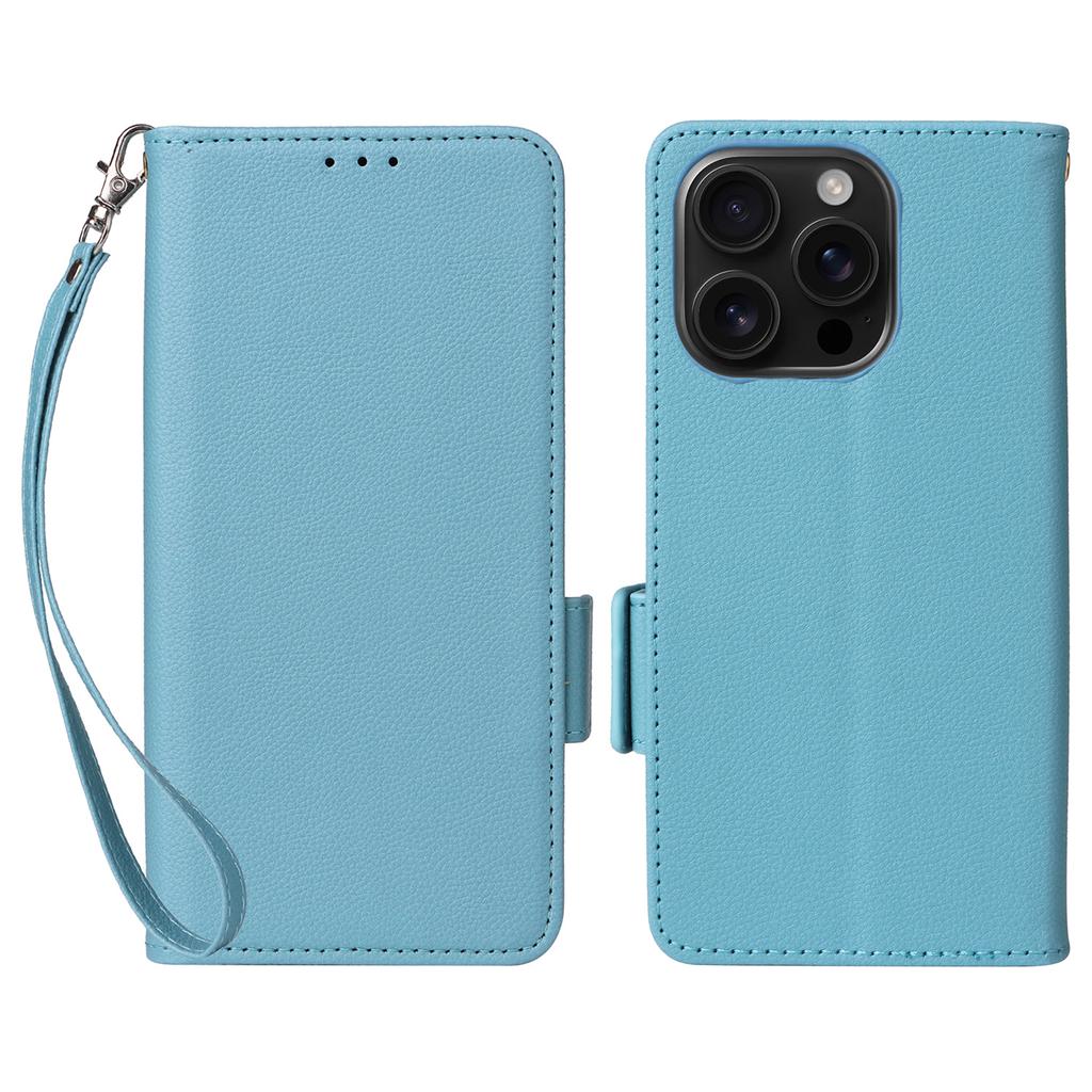 For iPhone 16 Pro Case with Wrist Strap Litchi Texture PU Leather Wallet Phone Cover