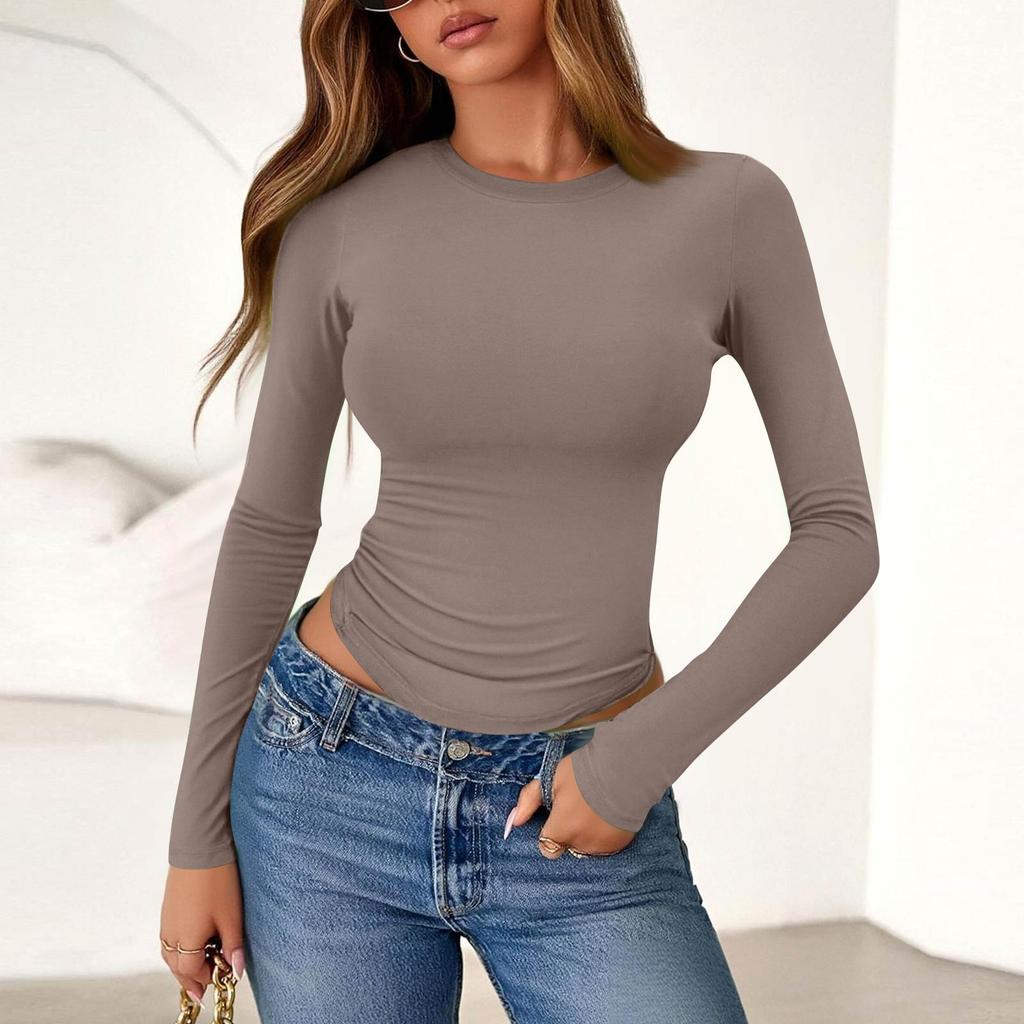 Damenmode Farbe Rundhals Langarm T-Shirt Top