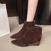 Sheepskin Version of Wedge Heel Boots with a Thick Sole Height of 5cm 2025 Autumn and Winter New Pointed Leopard Print Short Boots Splicing Fa