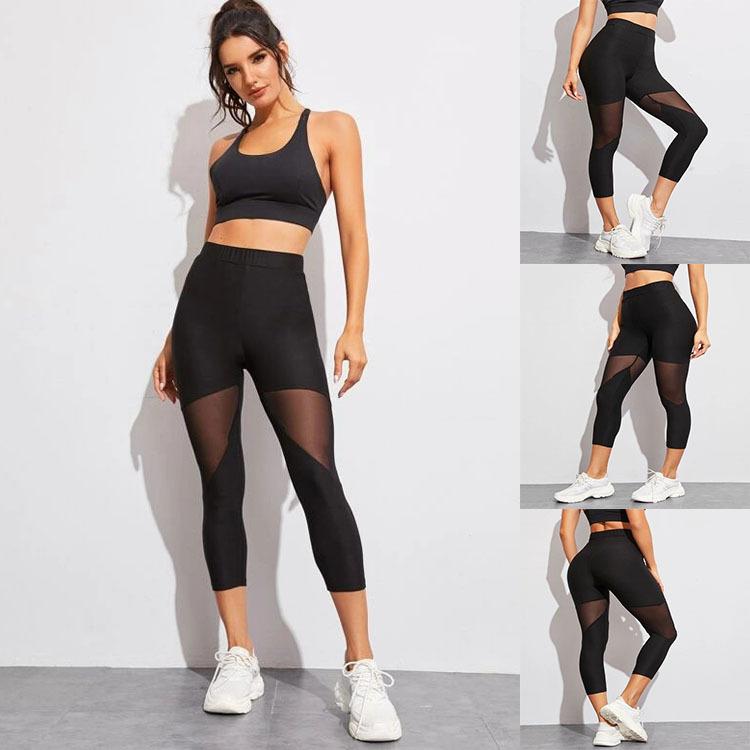 Women's Spring Summer New Mesh - Paneled 9 - Point Pants, Stretch Yoga Leggings, Running Base Layer Trousers