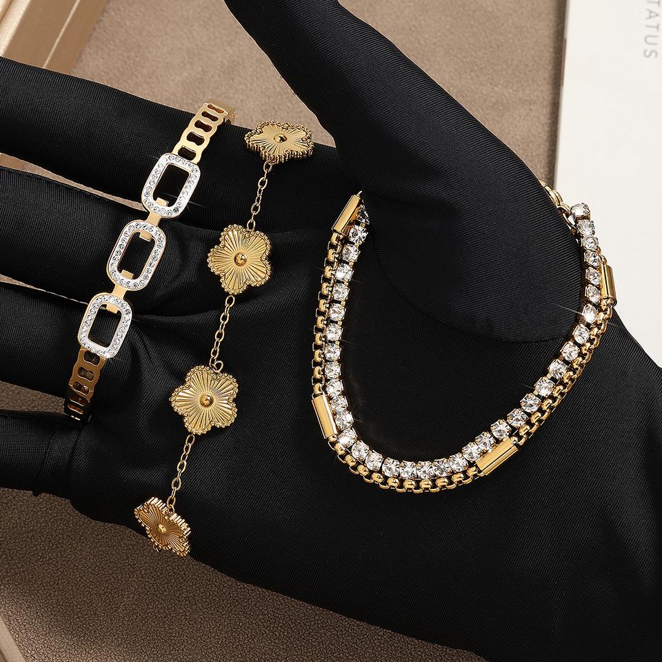 ZAKOL 3Pcs Gold Color Stainless Steel Stacked Bracelet Bangles for Women Geometric Five-Leaf Flower Zircon inlaid Bracelet Gift