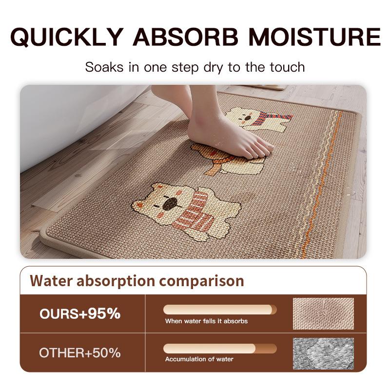 Cartoon Print Linen Bath Mat - Non-Slip Bathroom Rug with Woven Texture, Quick Dry & Machine Washable, Rubber Backing Design