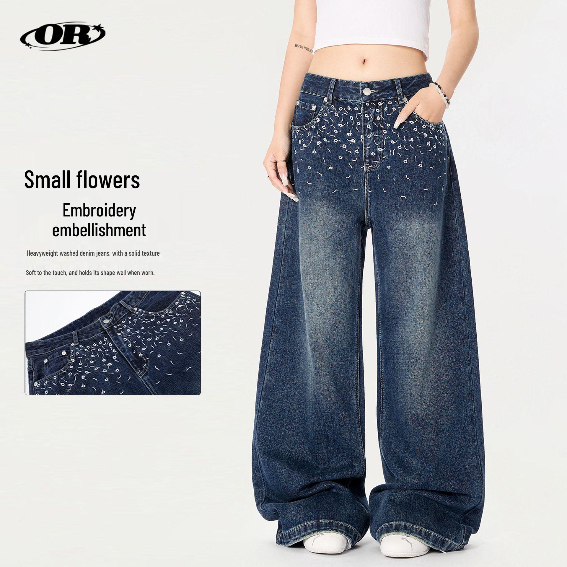 

OREETA Floral Embroidered Wide-Leg Jeans: Unisex American Retro Straight Leg Floor-Length Design XXL