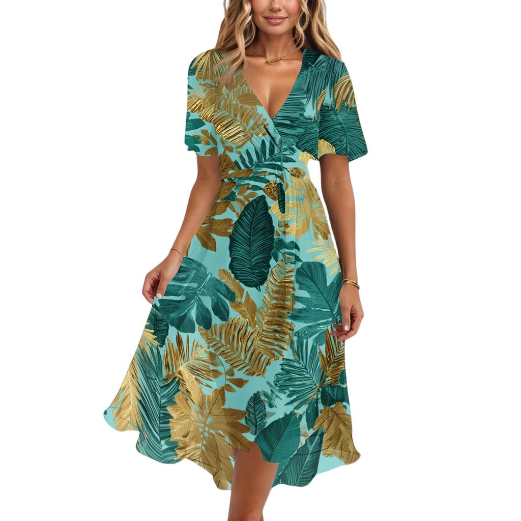 Women V Neck Short Sleeve Casual Dress Retro Floral Print Midi Dress Lightweight Summer Dress with Flared Skirt