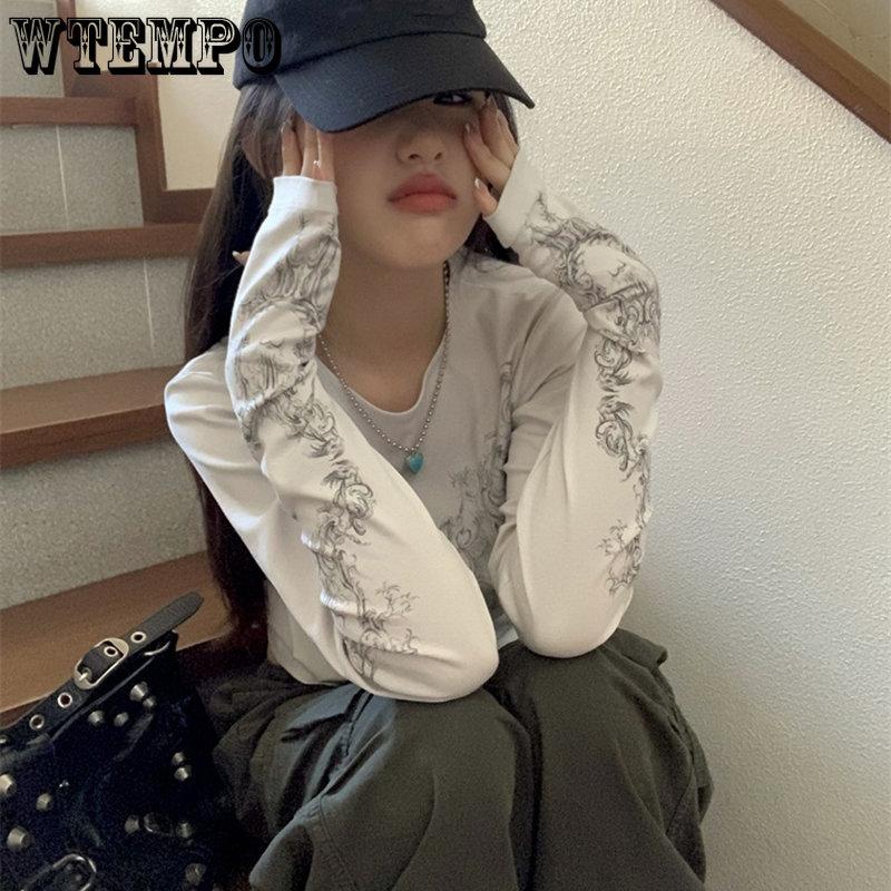 WTEMPO Vintage Dámské Oblečení Y2K Trička O-Výstřih Dlouhý Rukáv Potisk Tuniková Trička Dámská Šik Ležérní Slim Krátké Topy