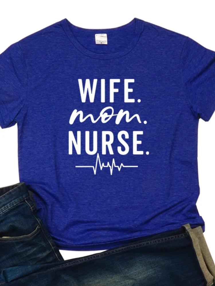 Wife Mom Nurse Heartbeat Print Women T Shirt Short Sleeve O Neck Loose Women Tshirt Ladies Tee Shirt Tops Camisetas Mujer