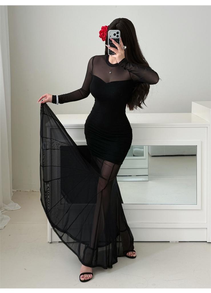 French royal sister wind mesh long-sleeved dress, new inner elegant temperament, waist and thin, meat and buttocks long dress