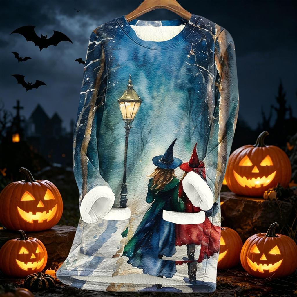Women's Halloween Print Thick -Lined Lambswool Long Tunic Top for Fall and Winter