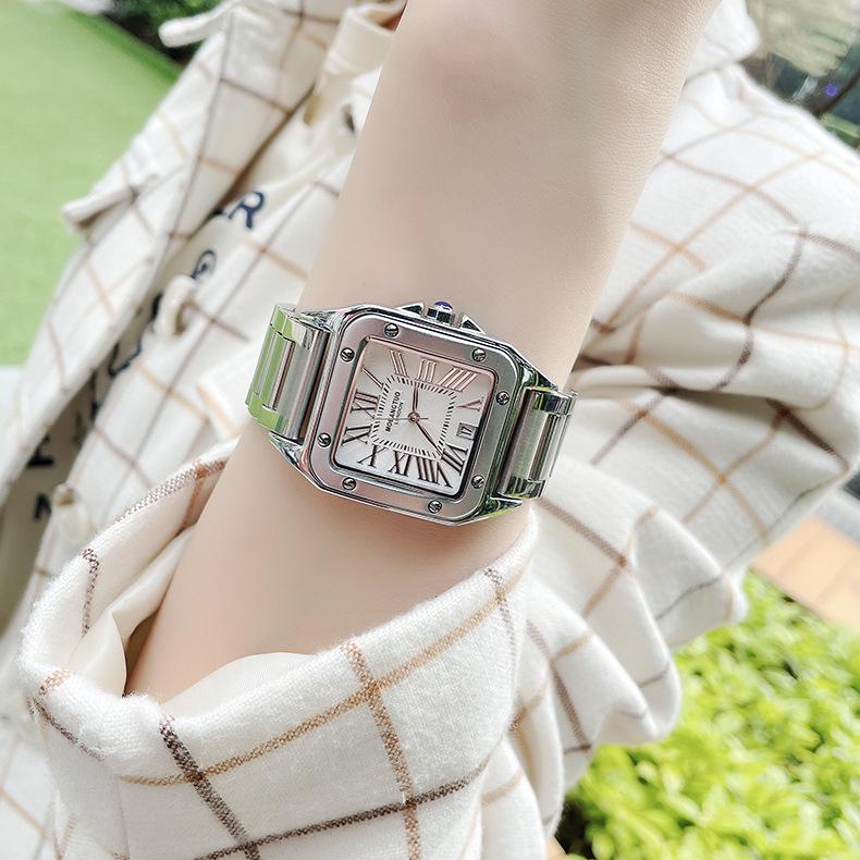 Modny zegarek Santos Square: Unisex Stalowy Pasek, Kalendarz, Wodoodporny, Kwarcowy