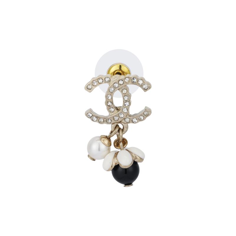 CHANEL Pearl Double C Gold/Pearl White/Black and White Glass Pearl Earrings Women's
