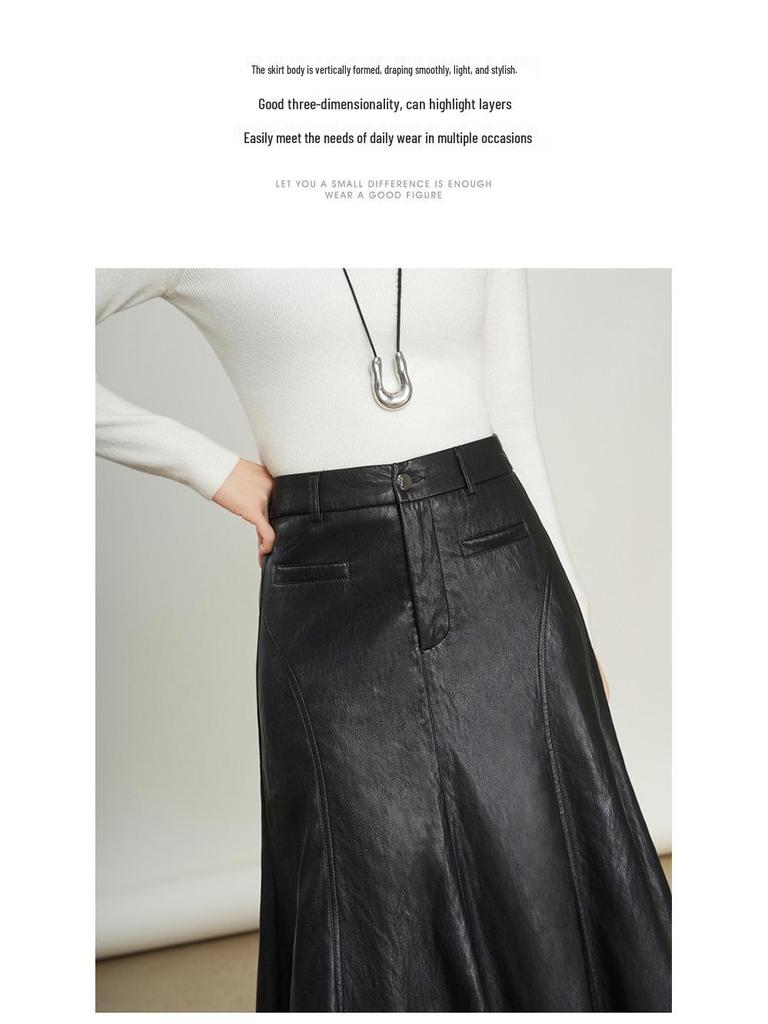 Women's Genuine Leather High Waist A-Line Midi Skirt - Autumn/Winter 2025 Fashion
