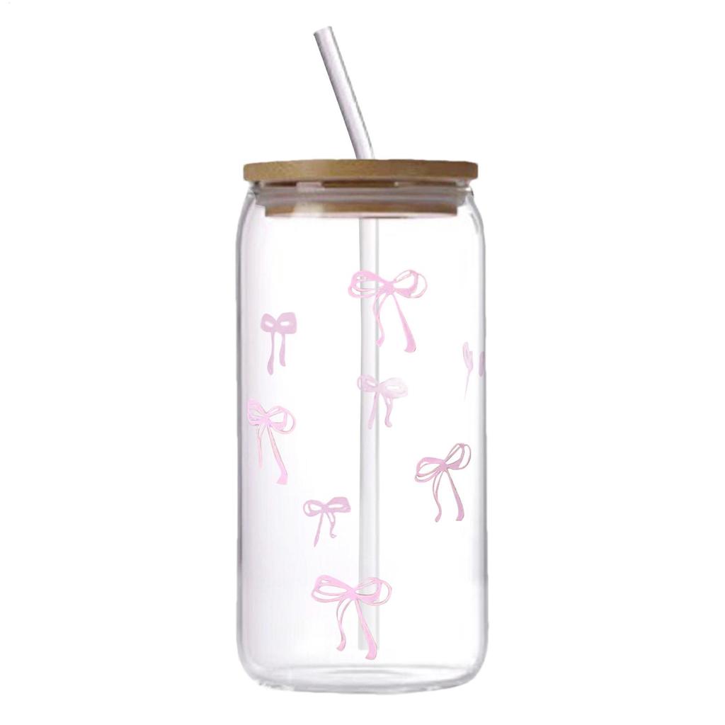 cute bow Glasses with Lids and Straws 500ml Cute Bow Bottle Matcha Mug for Iced Coffee Cocktail Matcha Tea Drinking Water