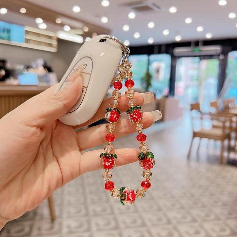 1pc Summer Cute Fruit Persimmon Beaded Wristlet Versatile Phone Case Car Keychain Bag Charm Accessory Handbag Pendant