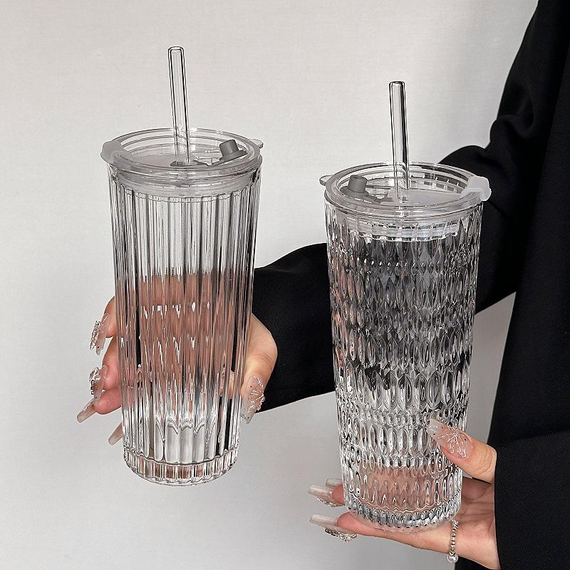Large Capacity Transparent Glass Straw Cup with Lid for Office Drinks: Milk Tea, Coffee, Americano, Latte, Juice