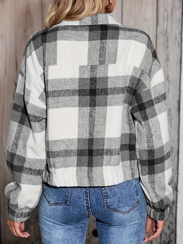 Autumn Winter Women's Plaid Zipper Jacket with Pockets - New Casual Short Style