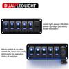 6 Gang Rocker Switch Aluminum Panel with Voltmeter 4.2A Dual USB Fast Charging Blue LED Pre-Wired IP65 Waterproof for Marine Car