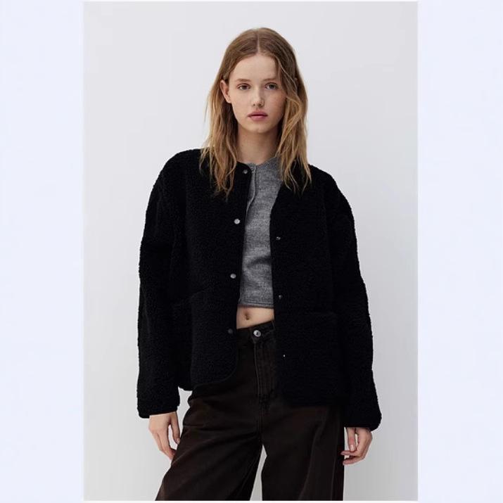 Women's Autumn Plush Teddy Fleece Jacket - European & American Style, Round Neck, Casual, Solid Color.