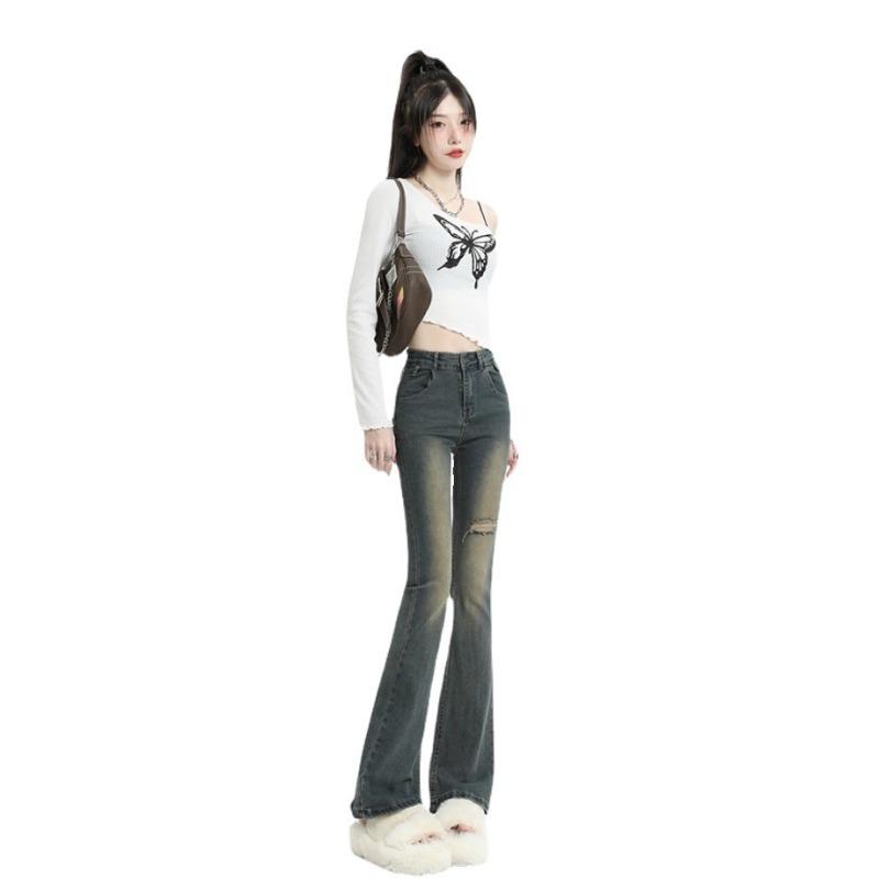 Retro Blue Broken Holes Micro-large Jeans Women Spring and Autumn Spicy Girl High Waist Thin Long Trousers
