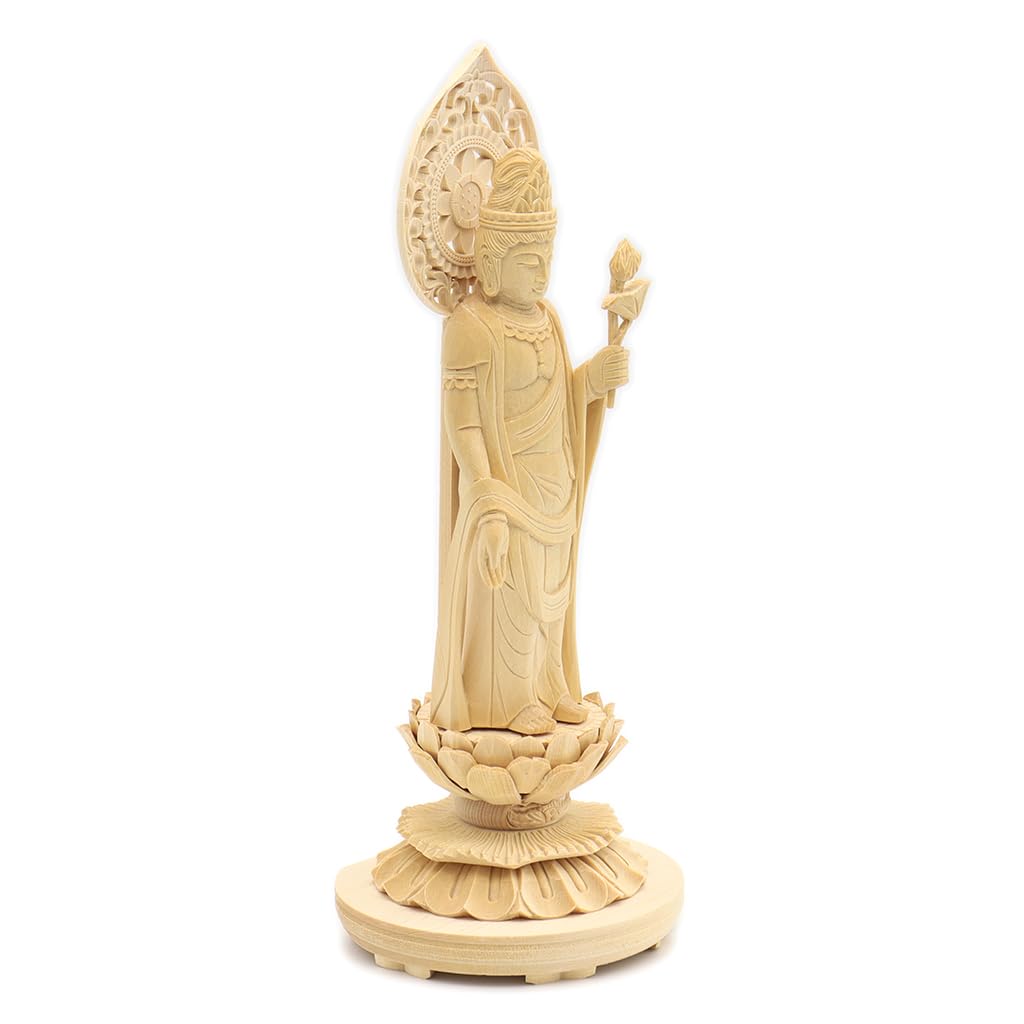 special Buddhist statue Seikannon inches height 23 width 9 depth carved cypress wood with a jeweled halo and round base 8114 Kurita's [Bodhisattva]