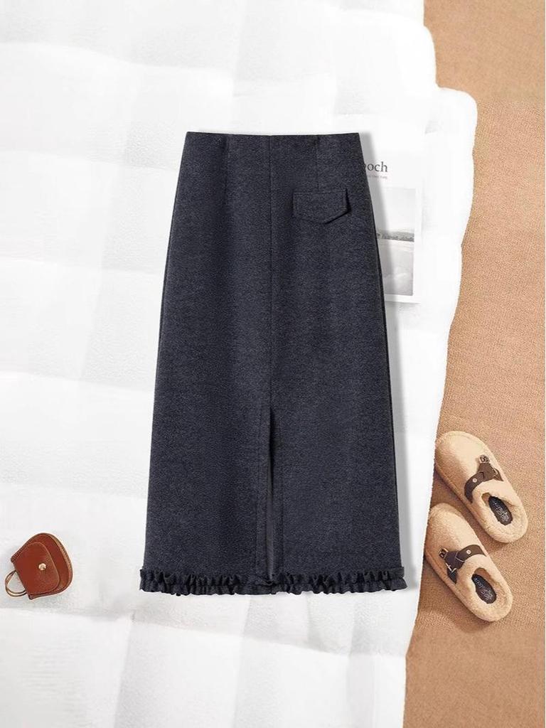 Women's Plus Size High Waist A-Line Woolen Skirt with Lace Detail - Autumn/Winter