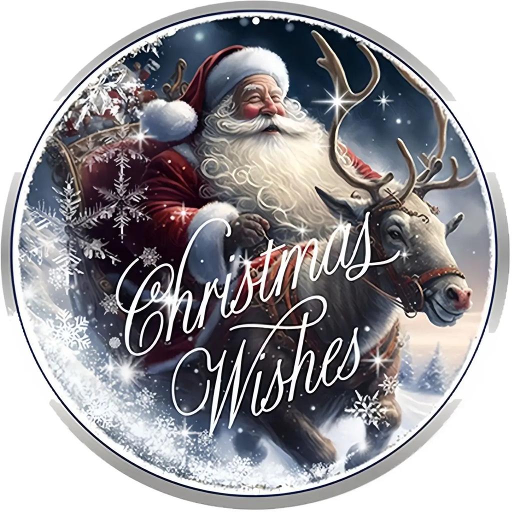Round Metal Tin Sign Art Painting Wreath Decorative Plates Cartoon Snowman Christmas Poster for Home Garden Garage Wall Decor
