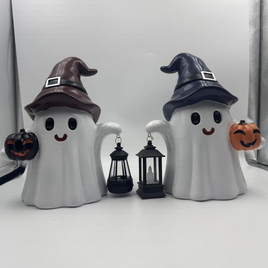 Ghost Statue Solar/Battery-Powered Weather Resistant Resin Whimsical Ghost Pumpkin Design Ornament Halloween Decor