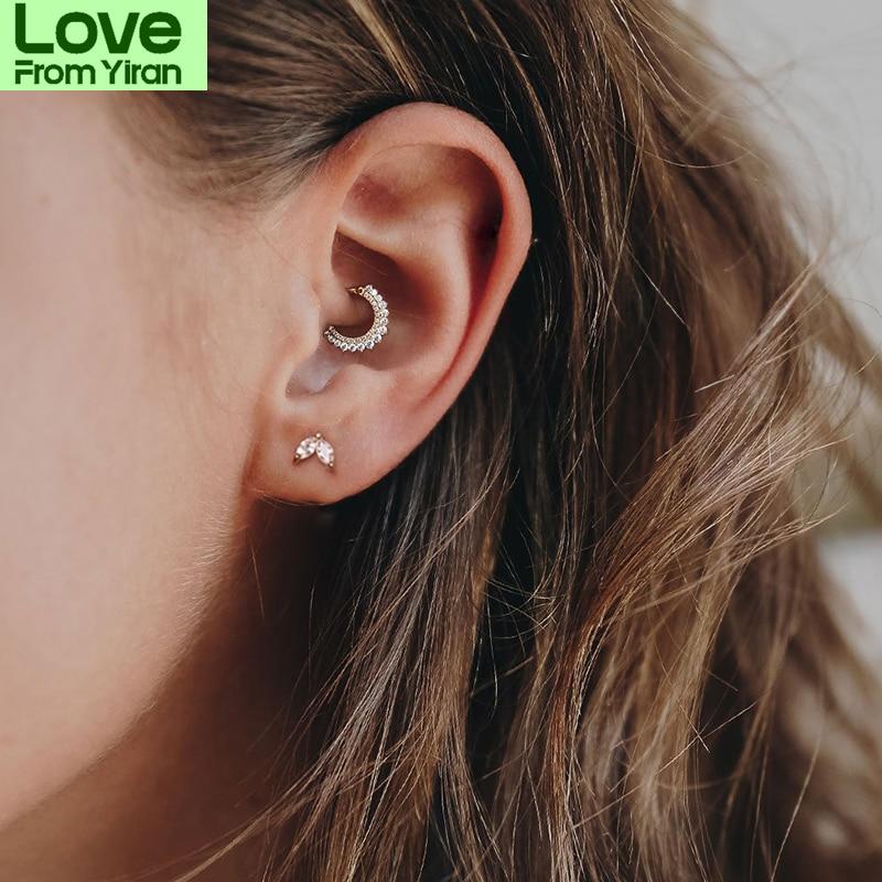 925 Silver Crystals Earrings Hoops For Women Round Nose Ring Puncture Cartilage Ear Nail Earring Fine Jewelry Gift 1pcs