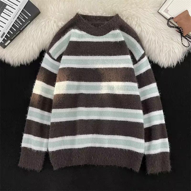 Soft waxy gentle stripes lazy wind autumn and winter new sweater men's and women's loose retro knitted sweater