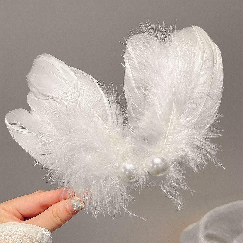 Girls' Summer Fairy-like White Feather Pearl Hair Clips: Handmade, Elegant, Perfect with Dresses, Atmospheric Hair Accessories
