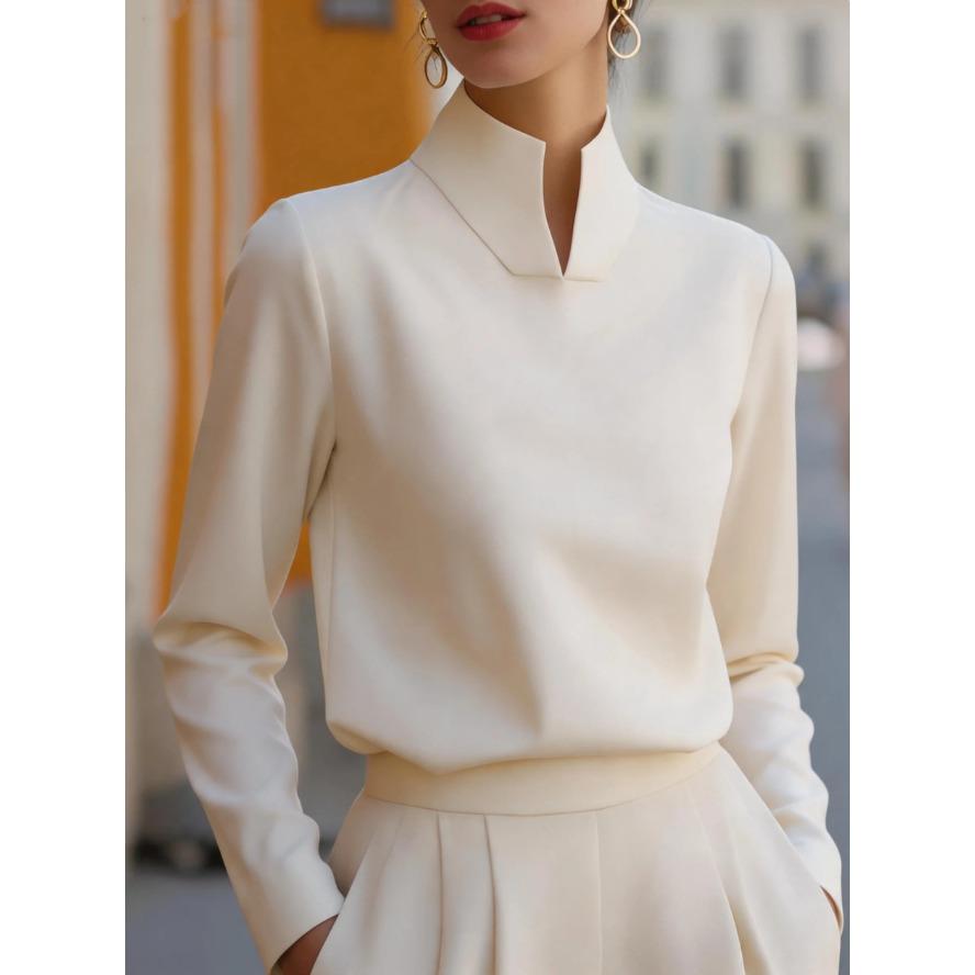 VEZFAA Women's Fashion Casual Spring Autumn Solid Color Print Long Sleeve High Neck Blouses & Shirts
