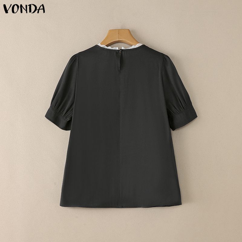 VONDA Women Lace Hem Round Neck Casual Short Sleeve Ruffled Blouse