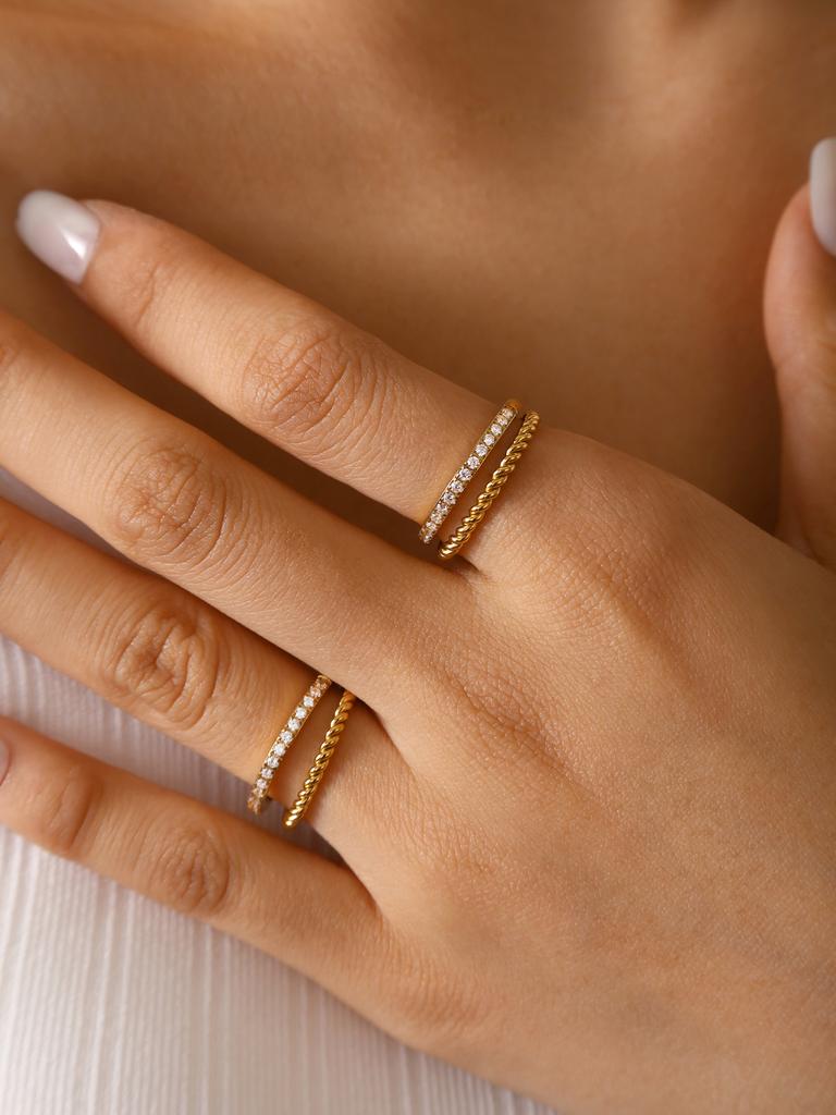 Korean Fashion Personality Cold Style Senior Sense Of Stainless Steel 18K Gold-Plated With Diamonds Double Layer Ring Female