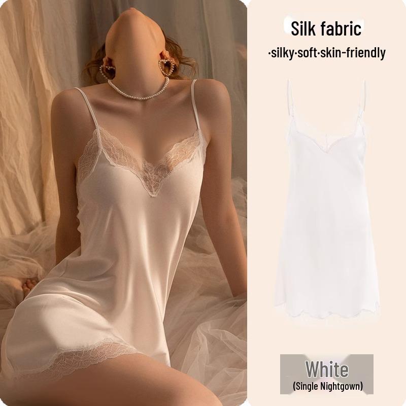 Camisón de Encaje de Seda de Hielo de Alta Gama Verano 2025 para Mujer - Estilo Puro Deseo con Almohadilla en el Pecho, Talla Grande Disponible